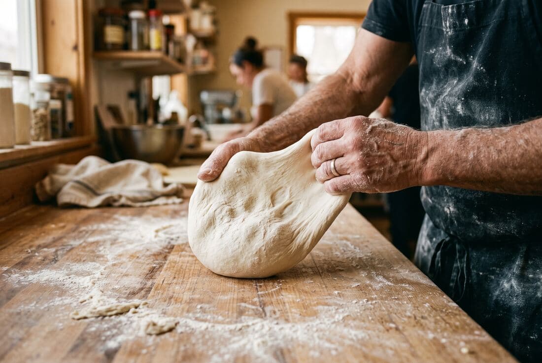 Pizza dough kneaded by hand in the kitchen at Spåren in Alvesta