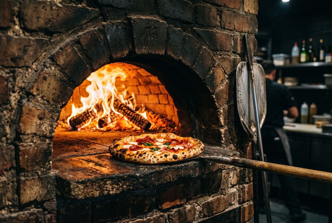 The wood-fired oven at Spåren in Alvesta with a pizza baking